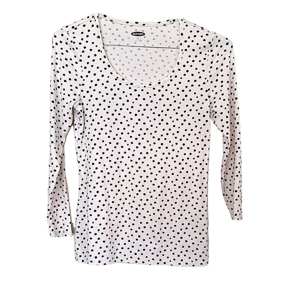 Women's Soft Cream Scoop Neck Black Polka Dot Top Slim Fit Ribbed Medium NEW! - Picture 1 of 7